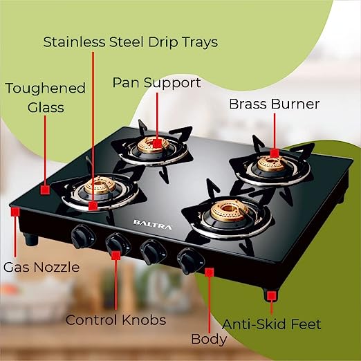 Baltra Glimmer Glass Top Gas Stove 4 Brass Burner Manual Ignition, Black (ISI Certified 2 year warranty with Doorstep Service) Baltra Glimmer Glass Top Gas Stove 4 Brass Burner Manual Ignition, Black (ISI Certified 2 year warranty with Doorstep Service)